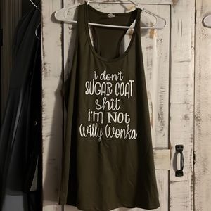 Military green razor back tank fits like a large